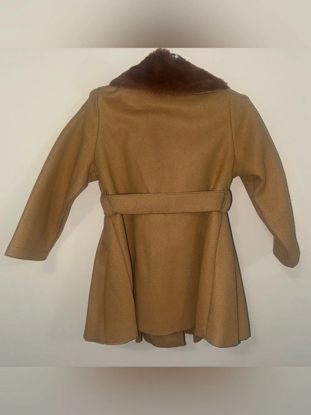 SHEIN Girls' Camel Pea Coat with Brown Faux Fur Collar